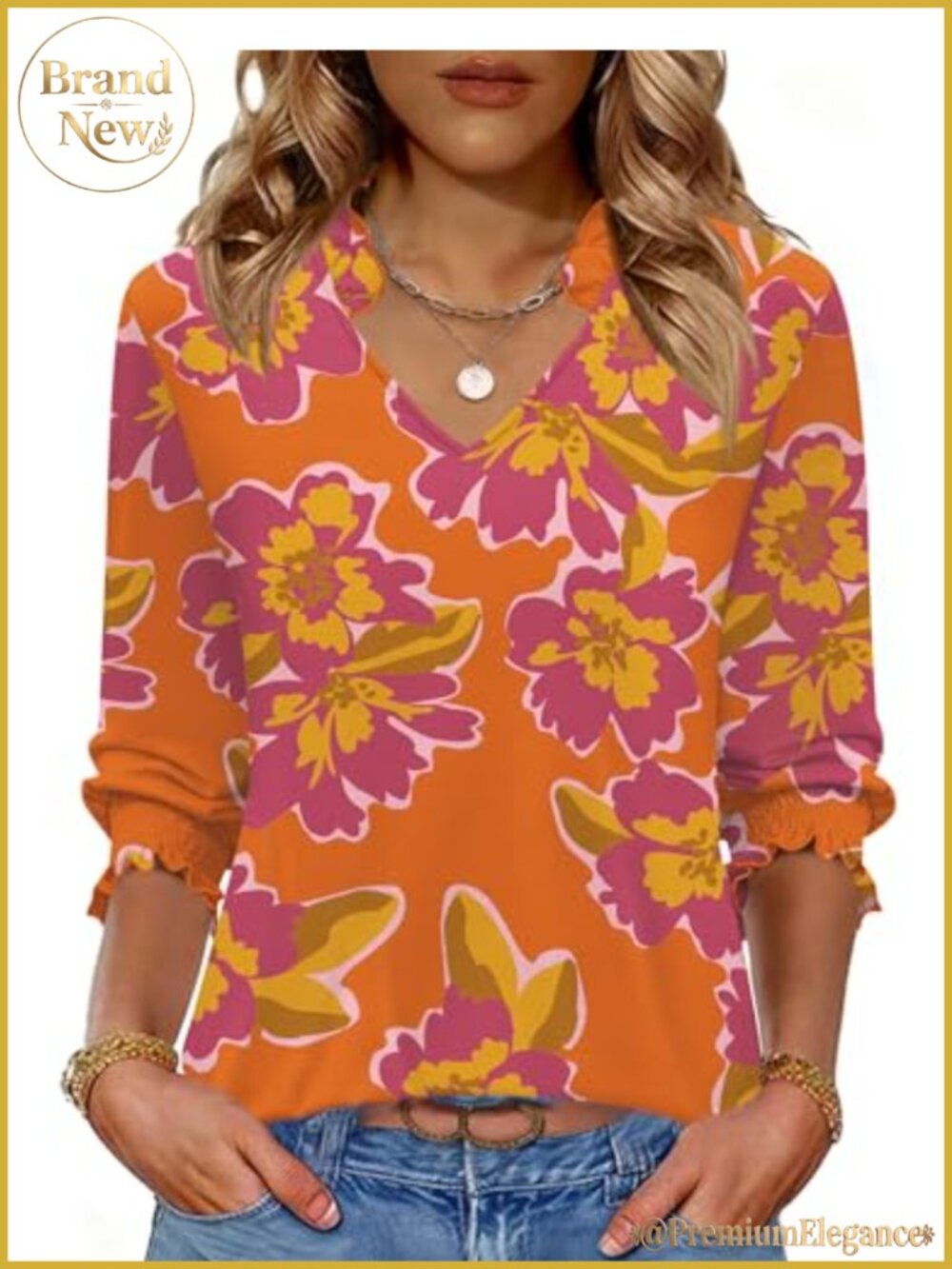 Womens V-Neck Pleated Cuff Blouse 3/4 Sleeve Floral Tunic Top